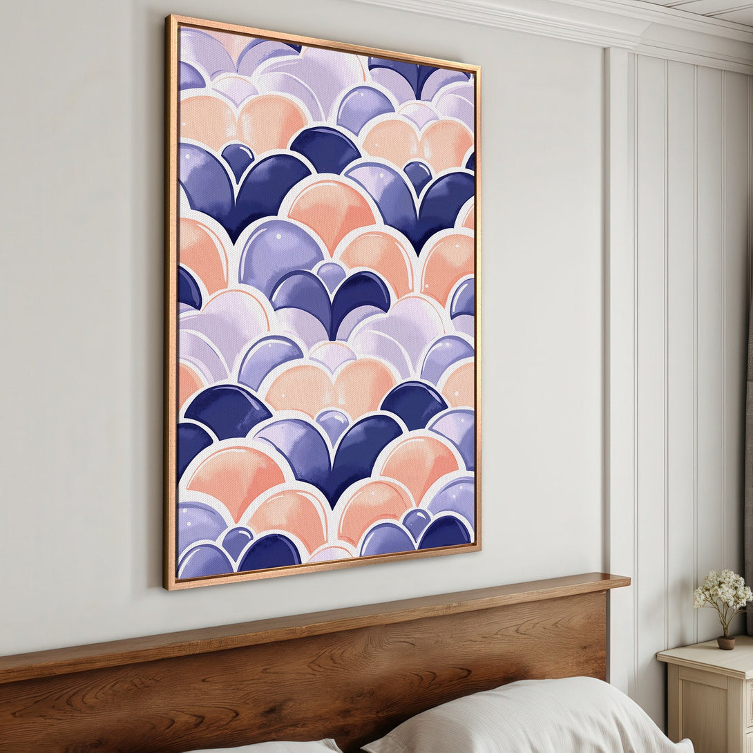 Framed Wall Art featuring an abstract watercolor design in shades of blue, peach, and lavender. Modern art perfect for bedroom decor.