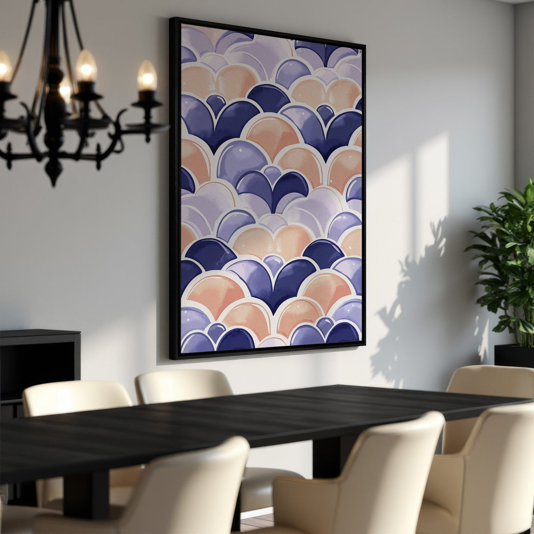 Framed Wall Art featuring a watercolor abstract pattern in a modern dining room. The artwork showcases a blue, purple, and peach color palette.