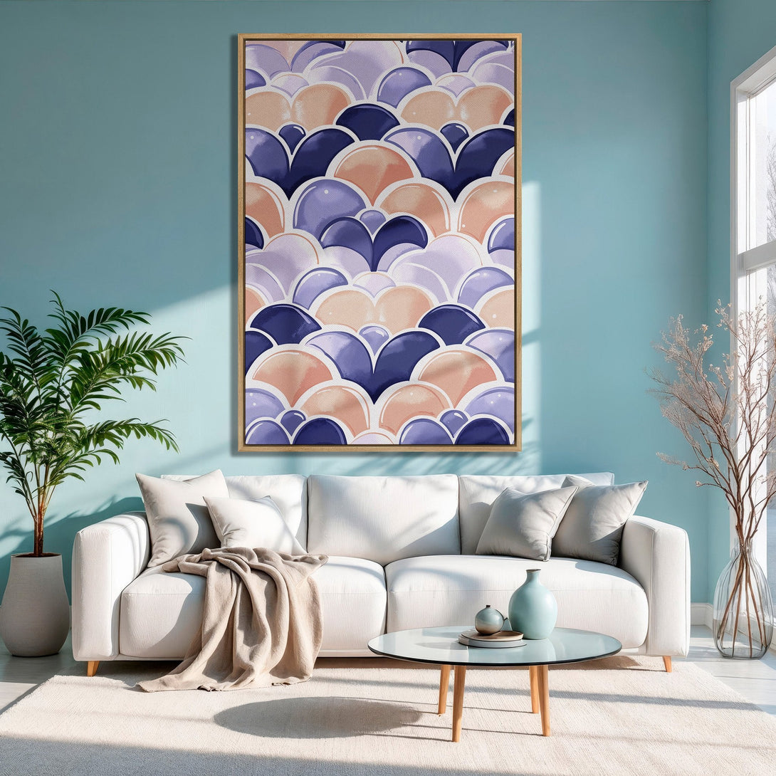 Framed Wall Art featuring a modern abstract design in a soft pastel palette of purple, peach, and navy, displayed in a stylish living room.