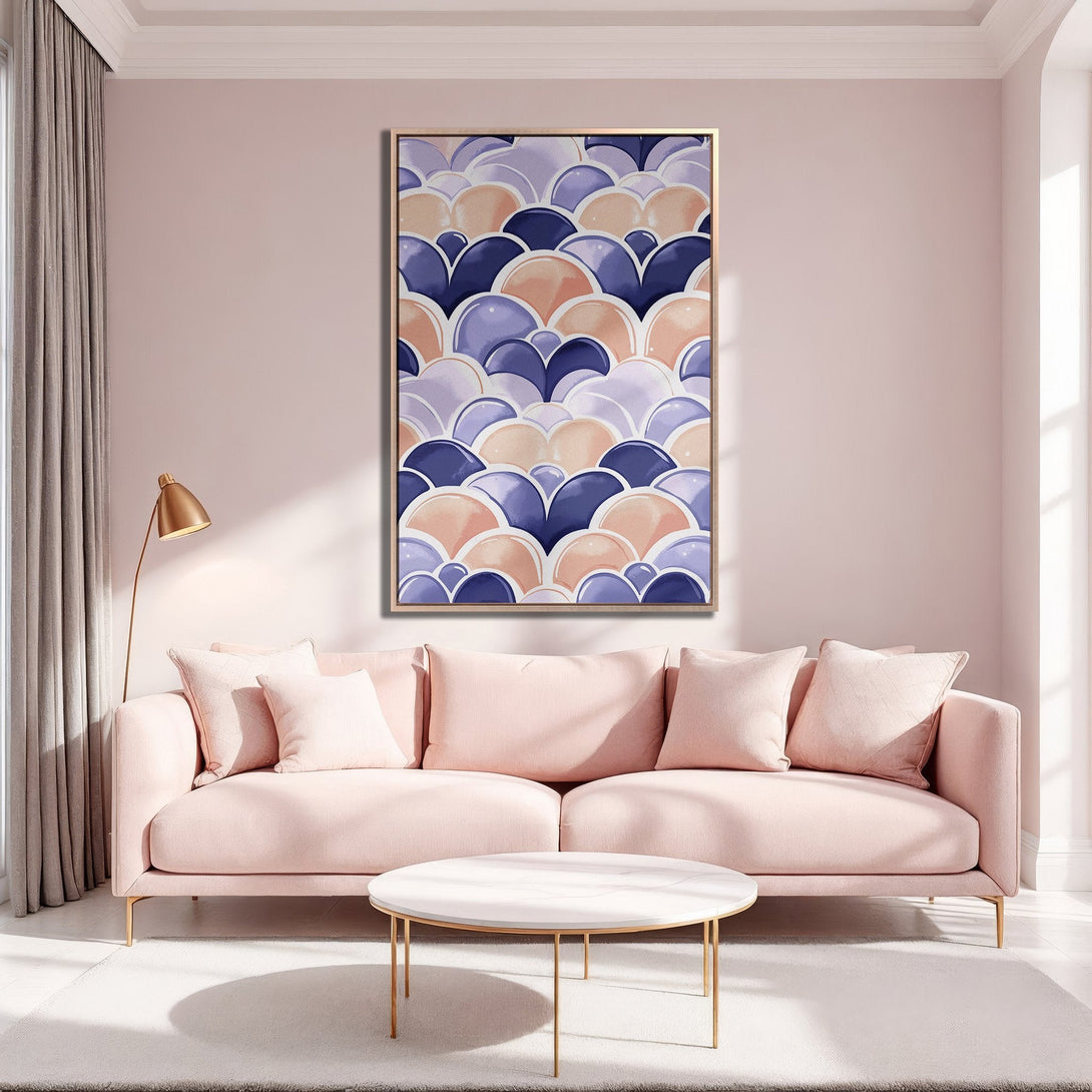 Framed Wall Art: Abstract geometric art in pastel pink, purple, and blue. Modern Canvas Print adds a pop of color to a stylish living room.