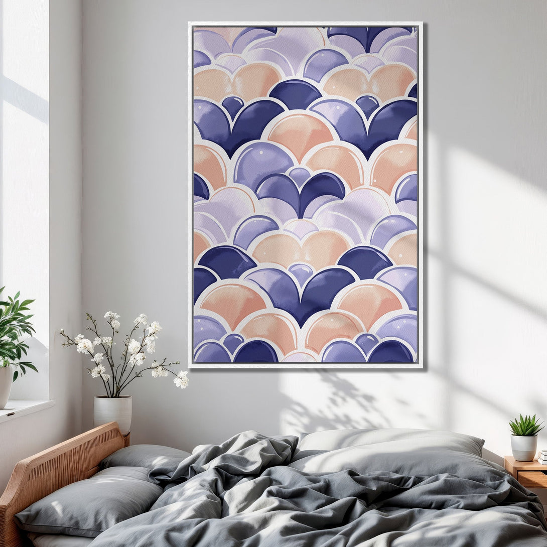 Framed Wall Art featuring a watercolor abstract design in blue, peach, and lavender. Perfect bedroom decor!