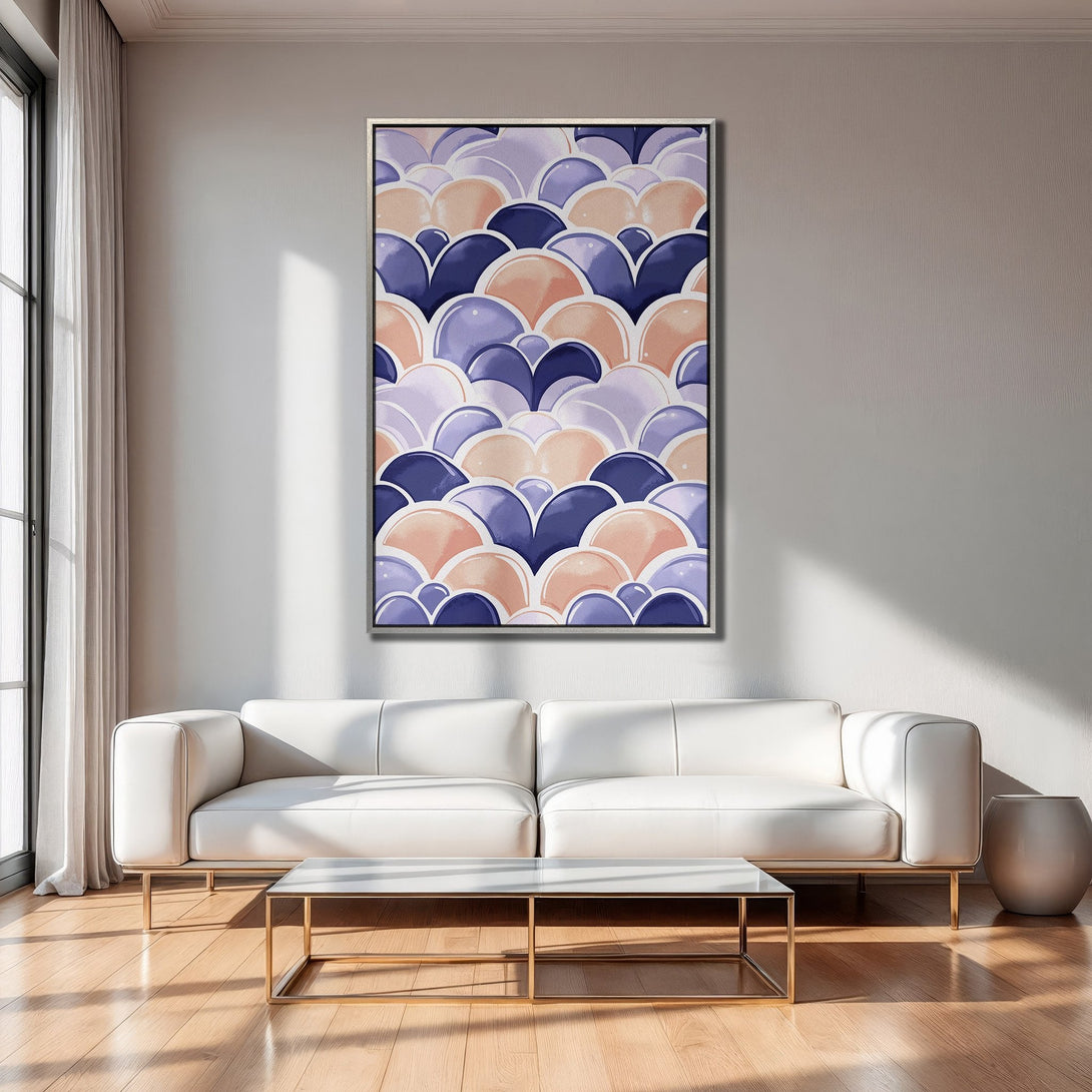 Framed Wall Art featuring an abstract pattern in pastel hues. Modern decor with a calming color palette of blue, peach, and lavender. Perfect for any interior.