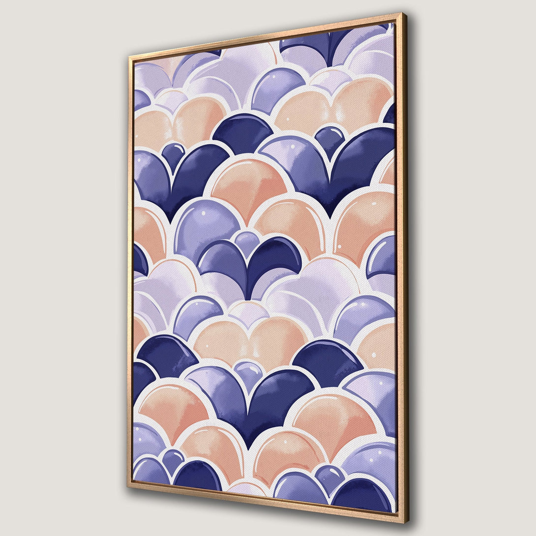 Framed Wall Art featuring a modern abstract pattern in blue, peach, and lavender hues. Perfect for adding a touch of style to any room!