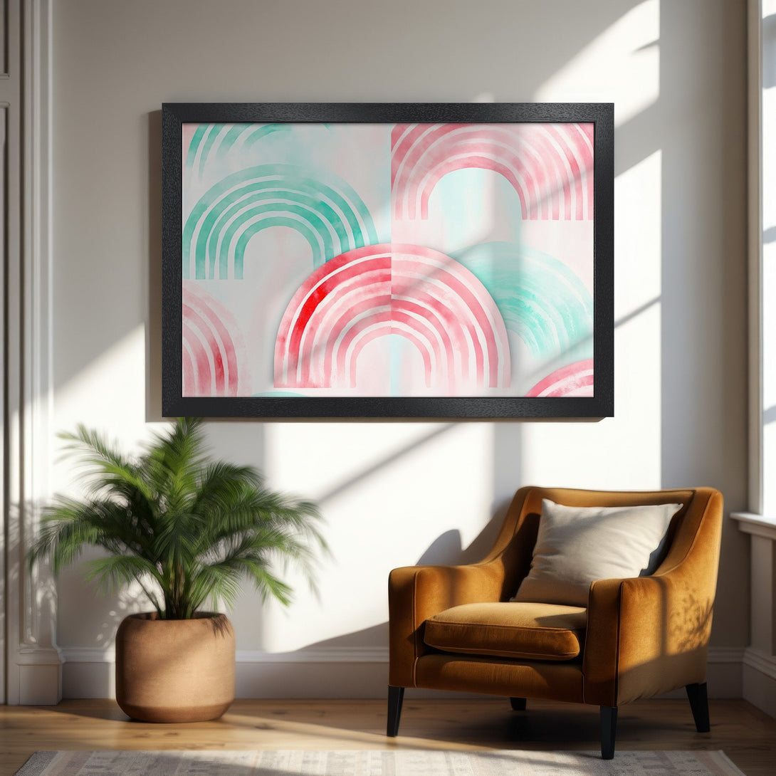 Framed Poster featuring watercolor rainbow art in pink and teal. Modern art print for home decor.