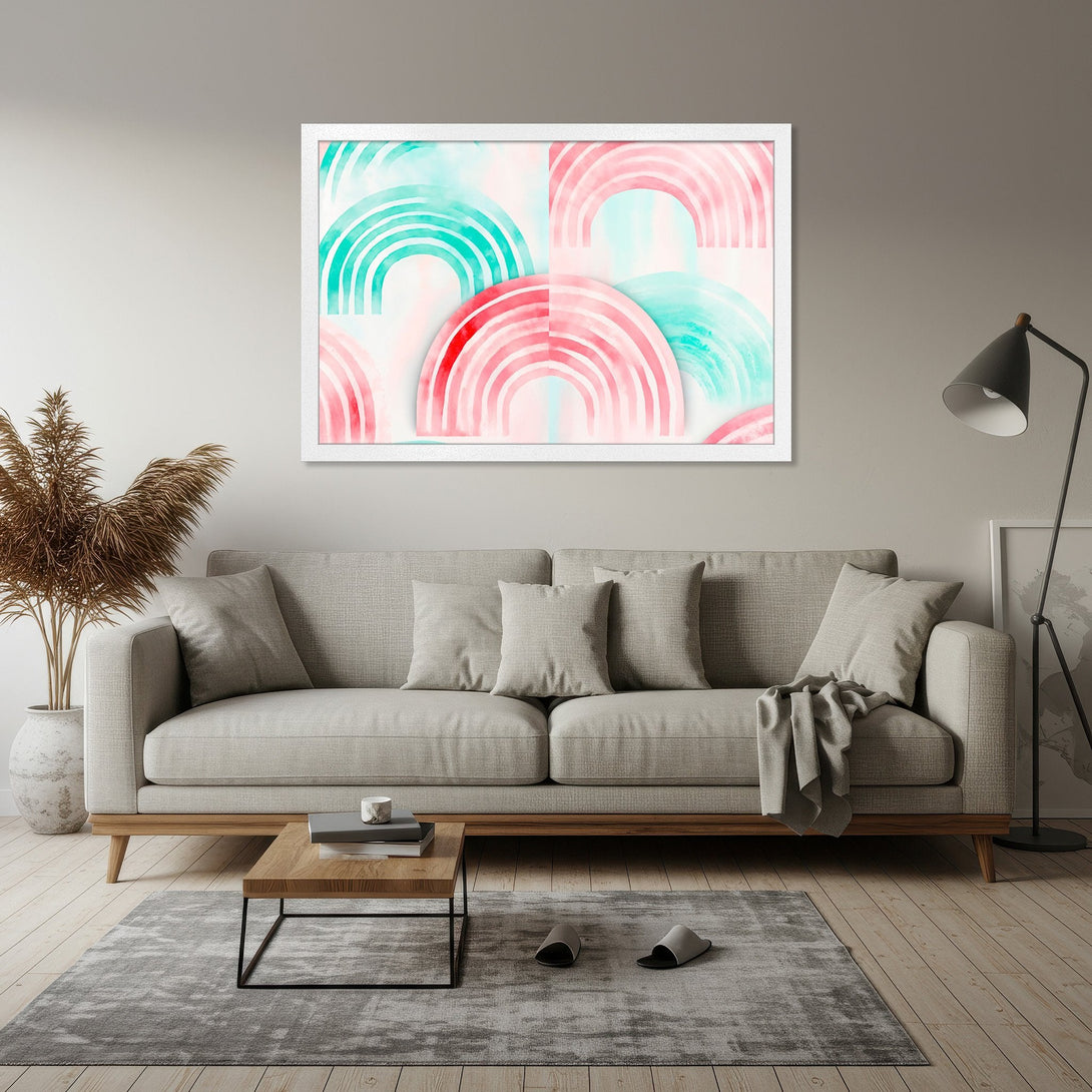 Framed Poster featuring watercolor rainbow art in pink and teal. Modern style, perfect for home decor.