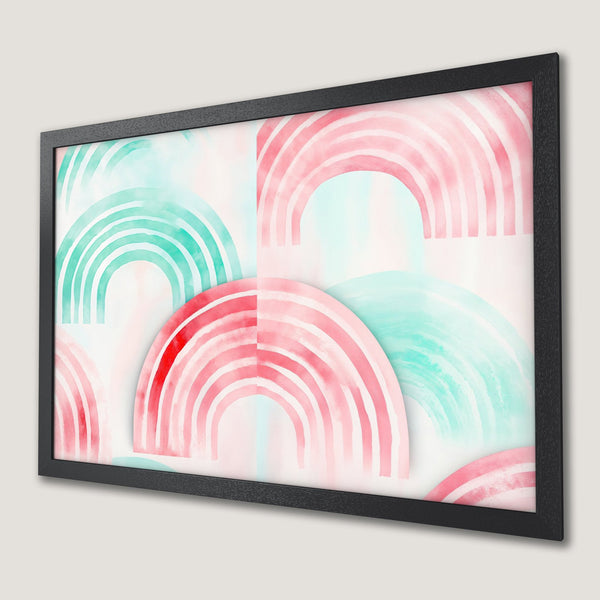 Framed Poster featuring watercolor rainbows in pink and teal, perfect for adding a pop of color to any room.