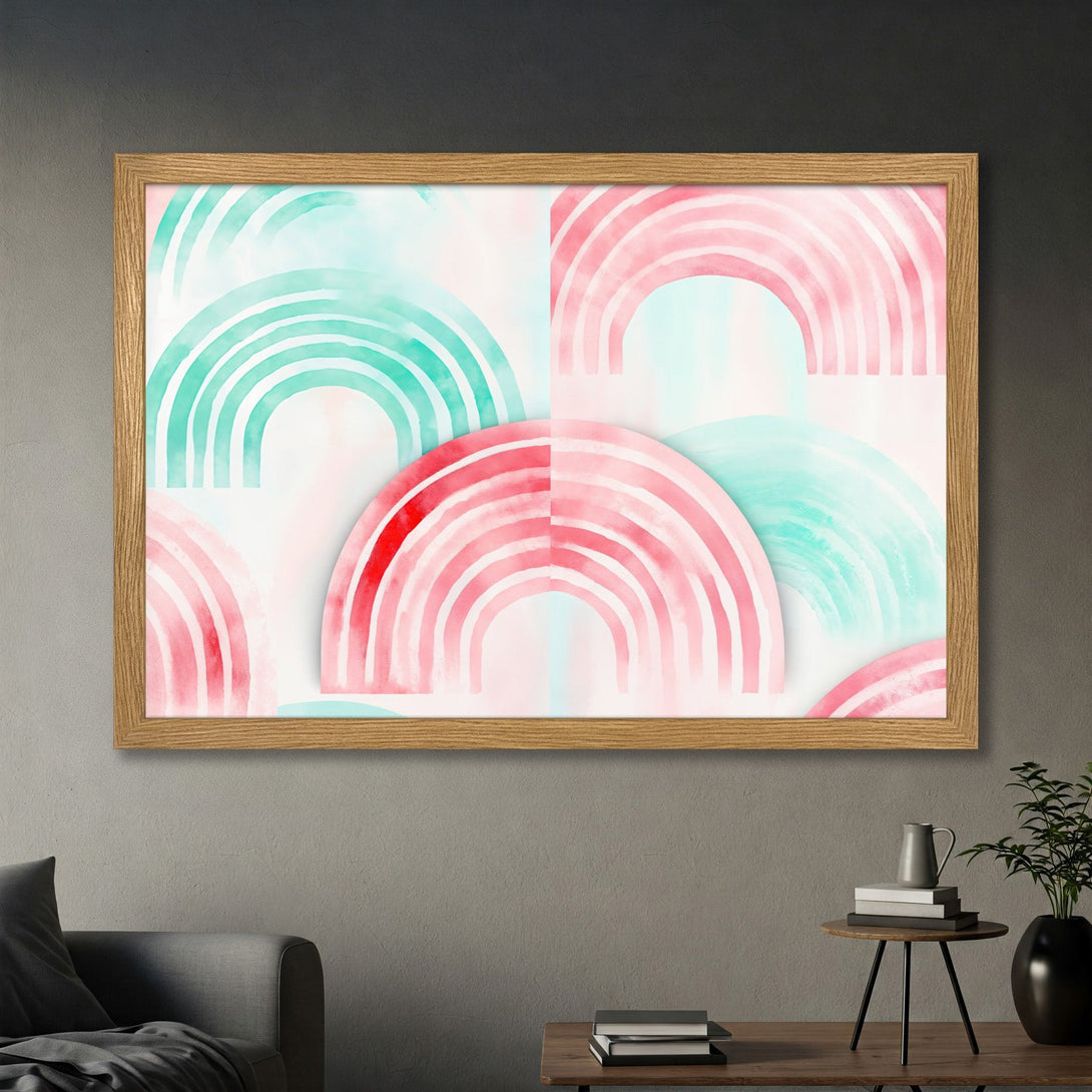 Framed Poster featuring watercolor rainbows in pink and teal, perfect for adding a pop of color to your space.