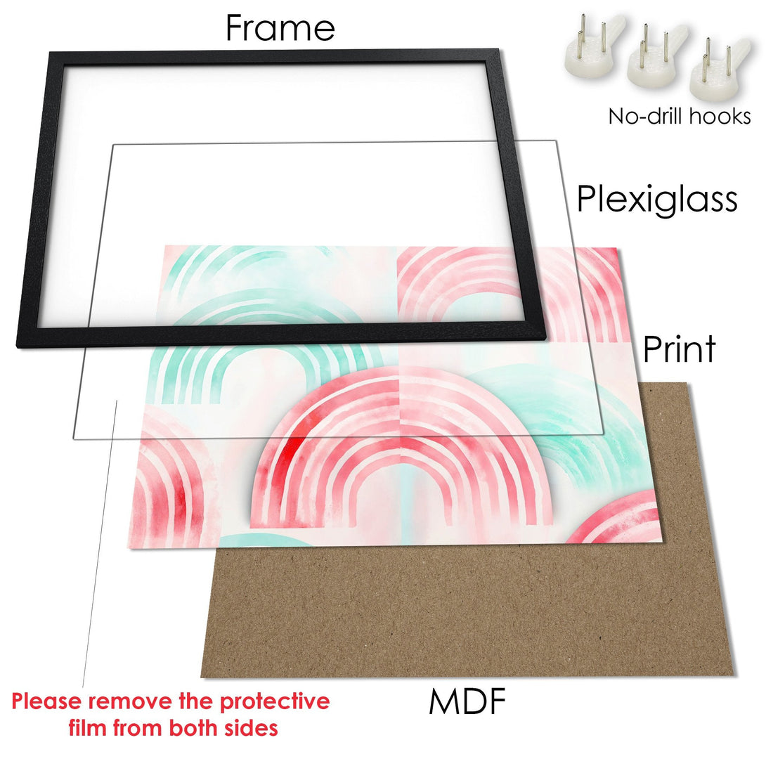 Framed Poster featuring watercolor rainbow design in pastel pink and teal. Perfect wall art for your home!