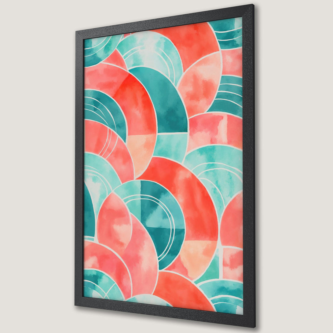 Framed Poster with abstract watercolor design in coral and teal. Modern art print for your home decor.