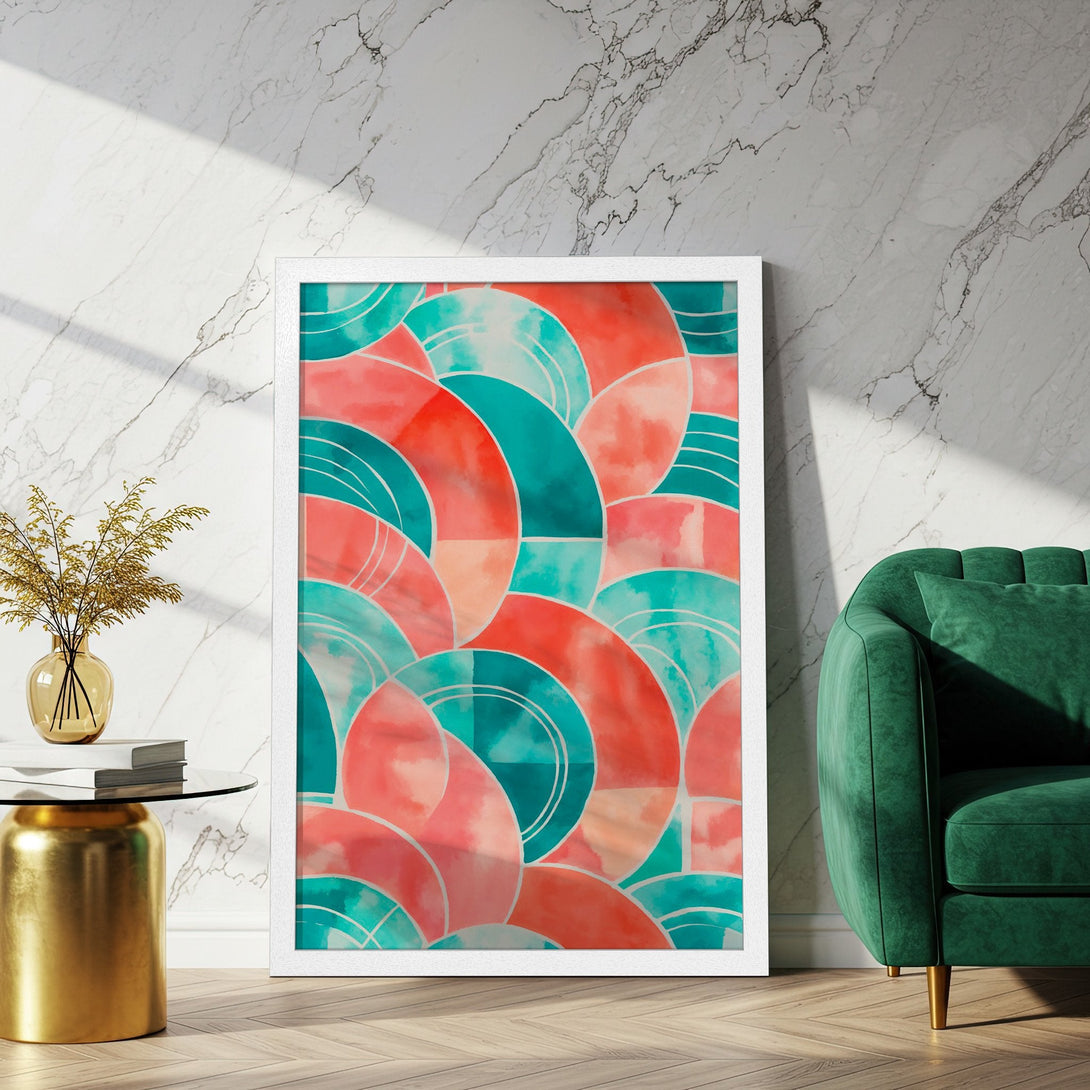 Framed Poster featuring abstract watercolor art in teal and coral hues. Modern wall decor to elevate your space.