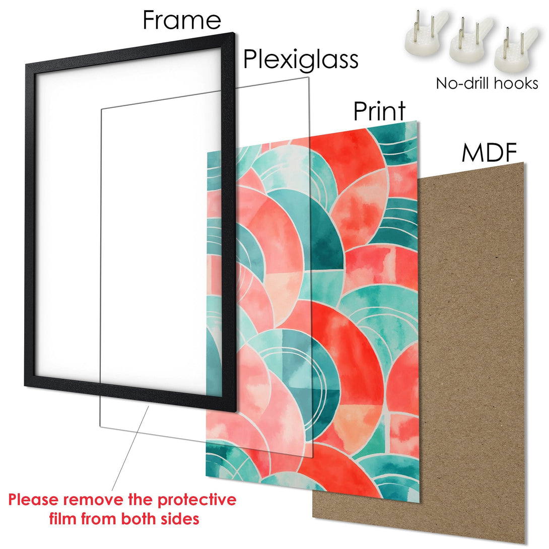 Framed Poster with abstract watercolor design in coral, teal, and pink. Modern art print for home decor.