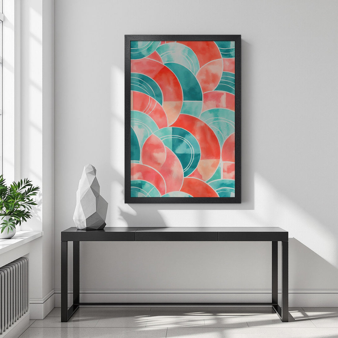 Framed Poster featuring abstract watercolor art in teal and coral. Modern home decor.