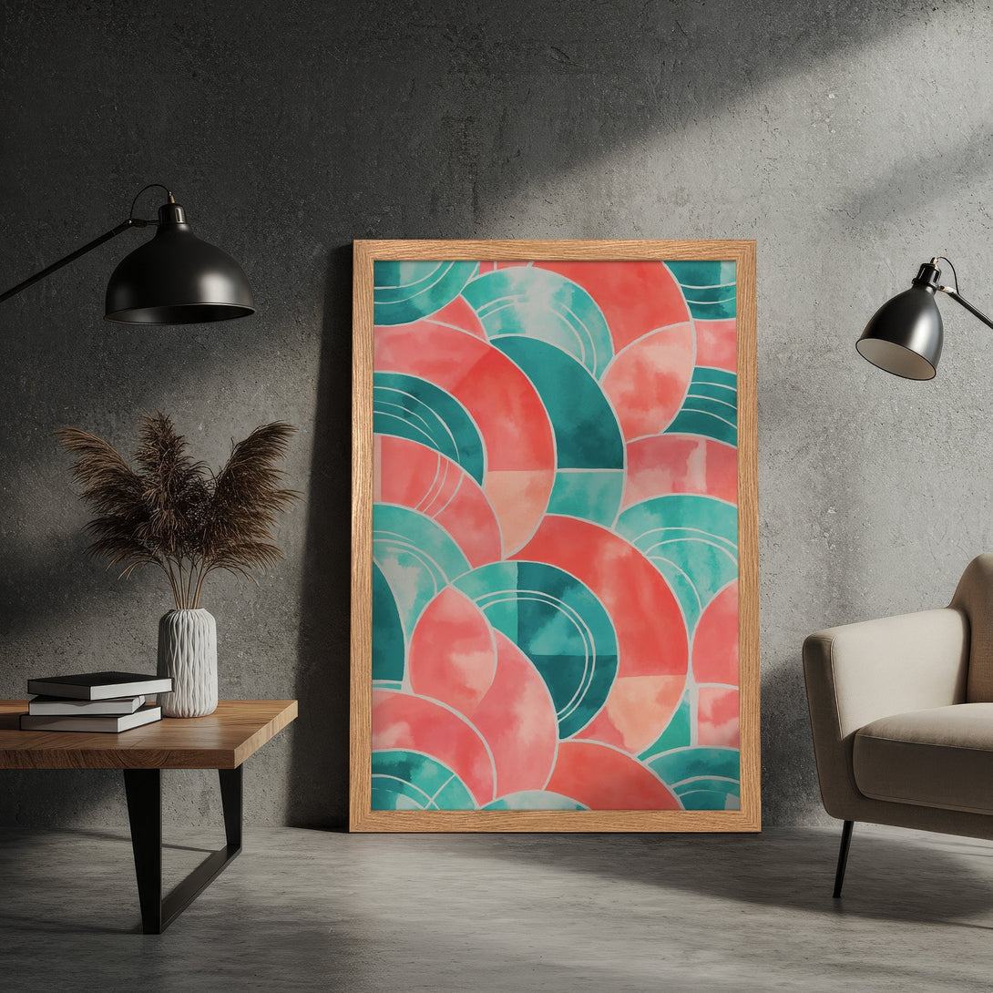 Framed Poster featuring abstract watercolor art in coral and teal hues. Modern style, perfect for home decor.