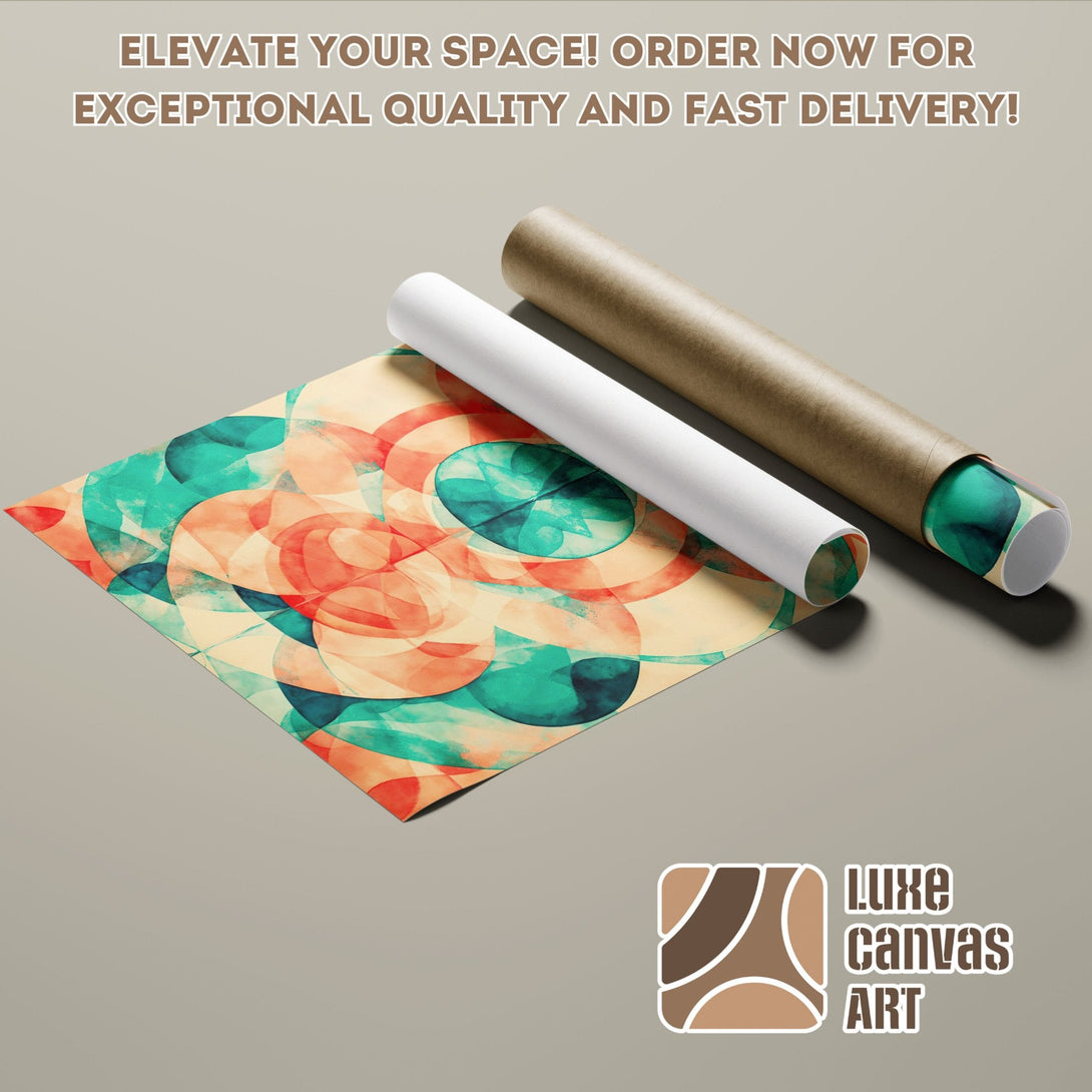Abstract art Poster Roll in teal, orange, and cream. Elevate your space with Luxe Canvas Art!