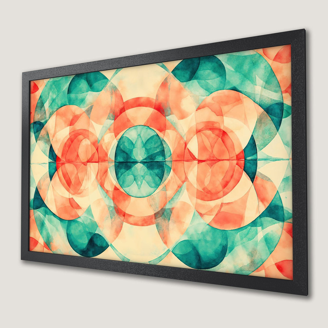 Framed Poster featuring an abstract watercolor design in teal, coral, and cream. Perfect wall art for any space!