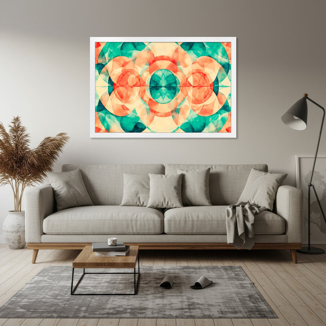 Framed Poster featuring abstract geometric art in teal, coral, and cream. Modern wall decor for your home.