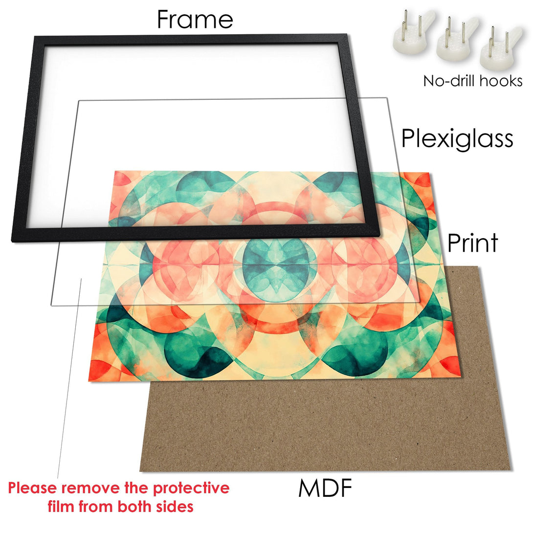 Framed Poster featuring an abstract geometric design in teal, coral, and cream colors. Modern art print ready to hang.