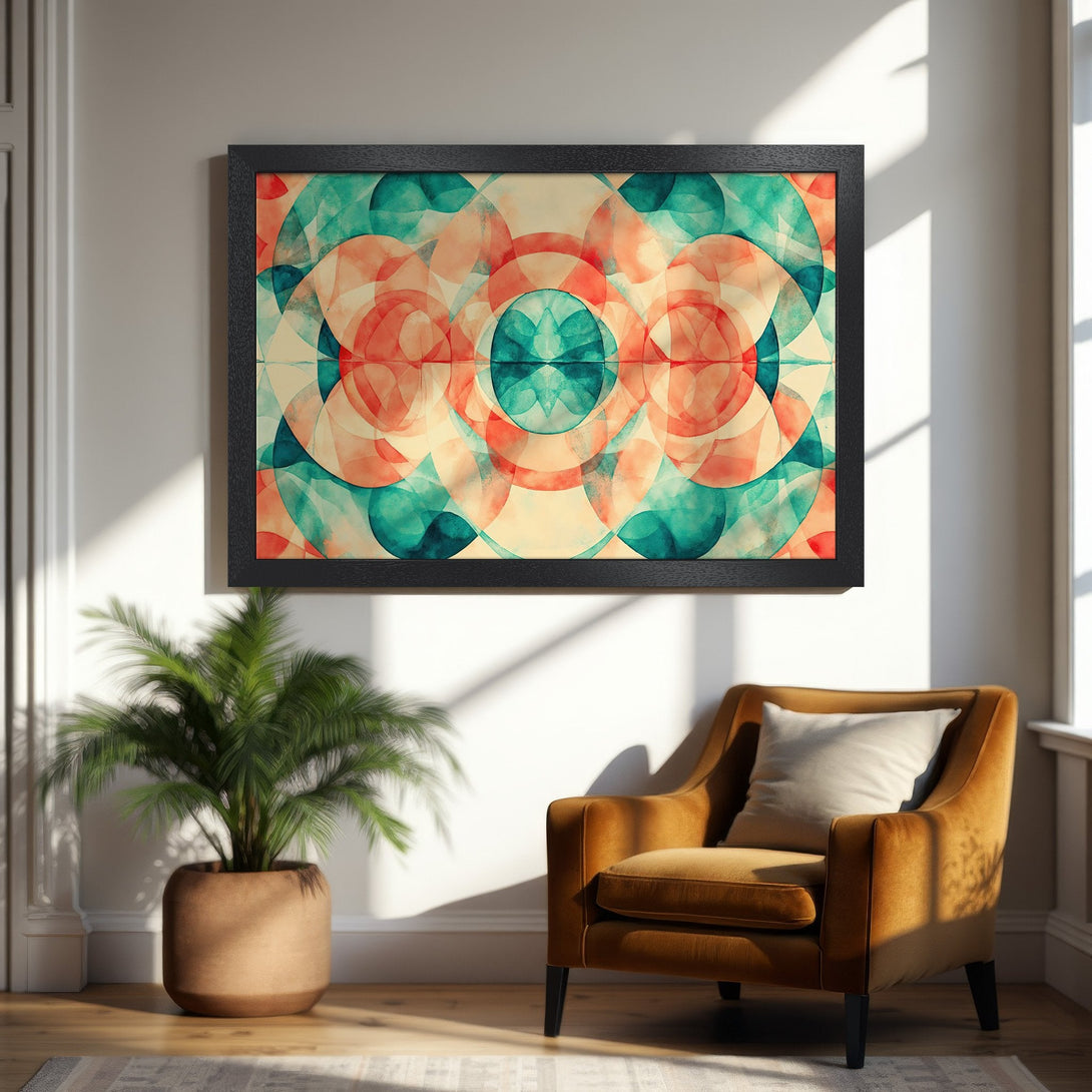 Framed Poster featuring abstract geometric art in teal, coral, and cream. Modern wall decor for your home.