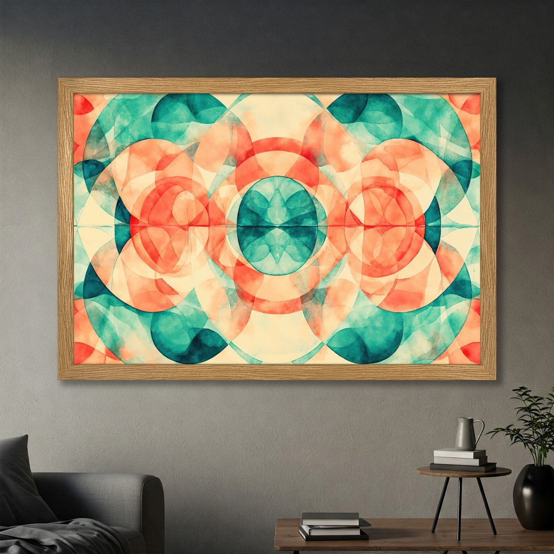 Framed Poster: Abstract watercolor art in teal, coral, and cream. Modern wall decor for a stylish home. Shop the poster today!