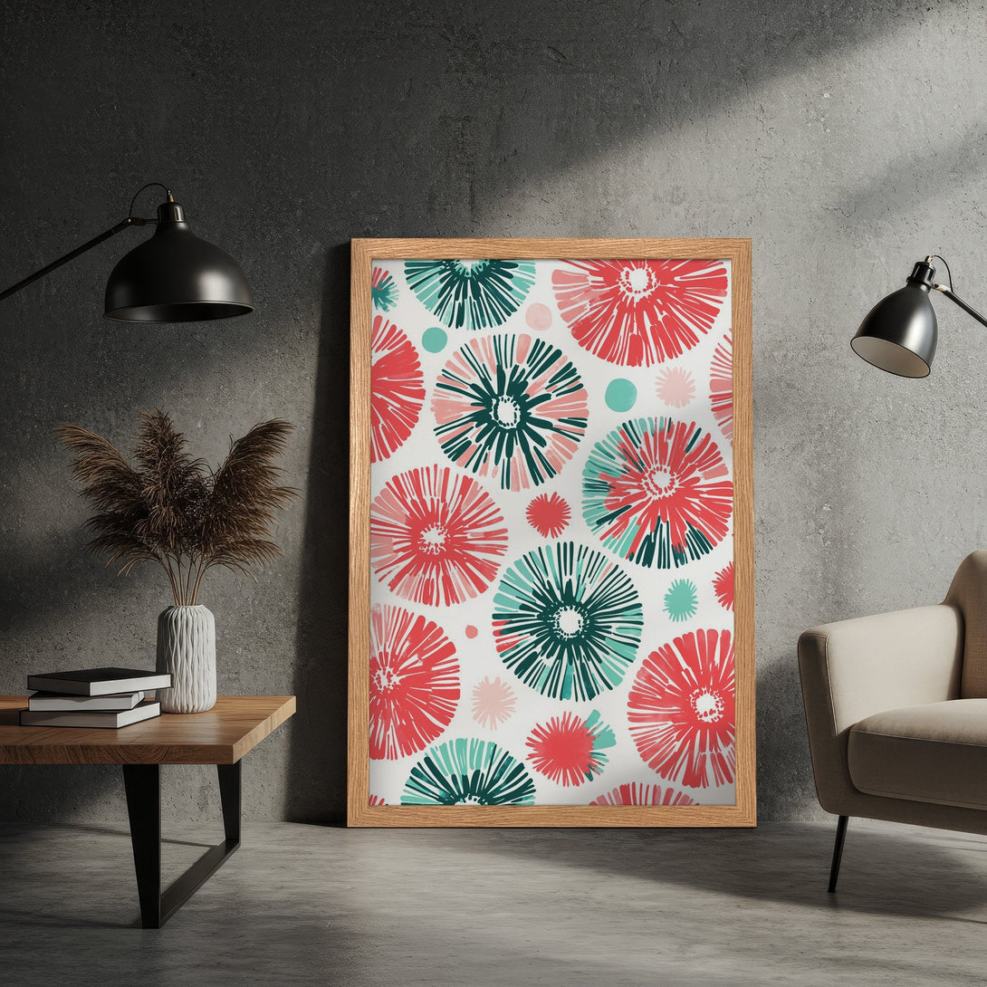 Framed Poster featuring a floral pattern in red, teal, and pink on a white background. Modern art style, perfect home decor.
