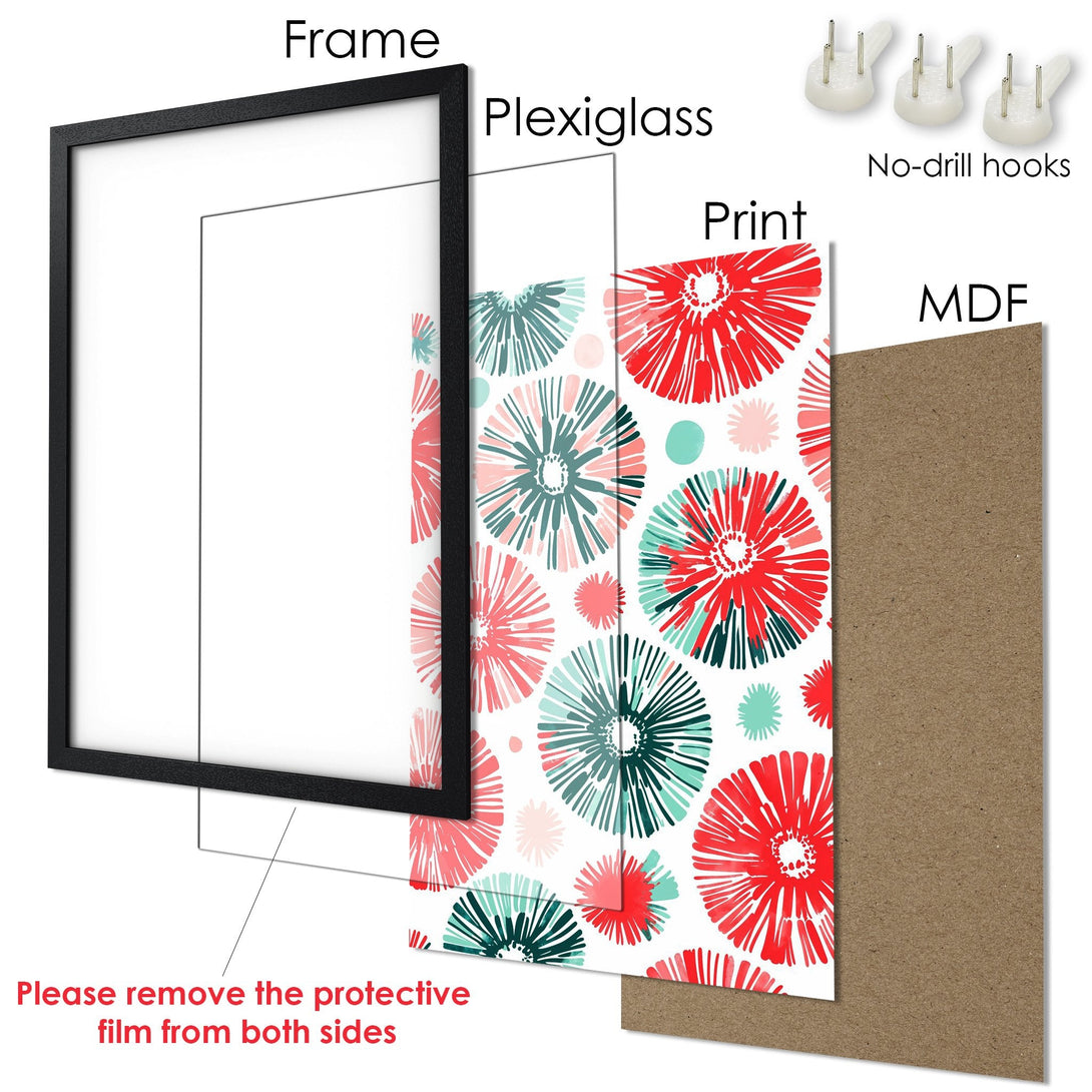 Framed Poster with floral design in red, teal, and white. Modern art print for your home decor.
