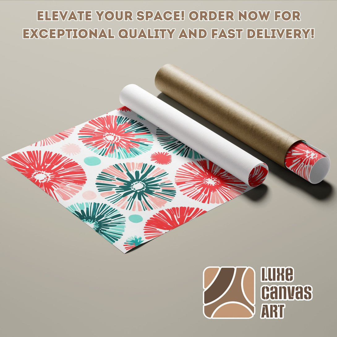 Poster roll with floral design in red, teal, and white. Elevate your space with Luxe Canvas Art!