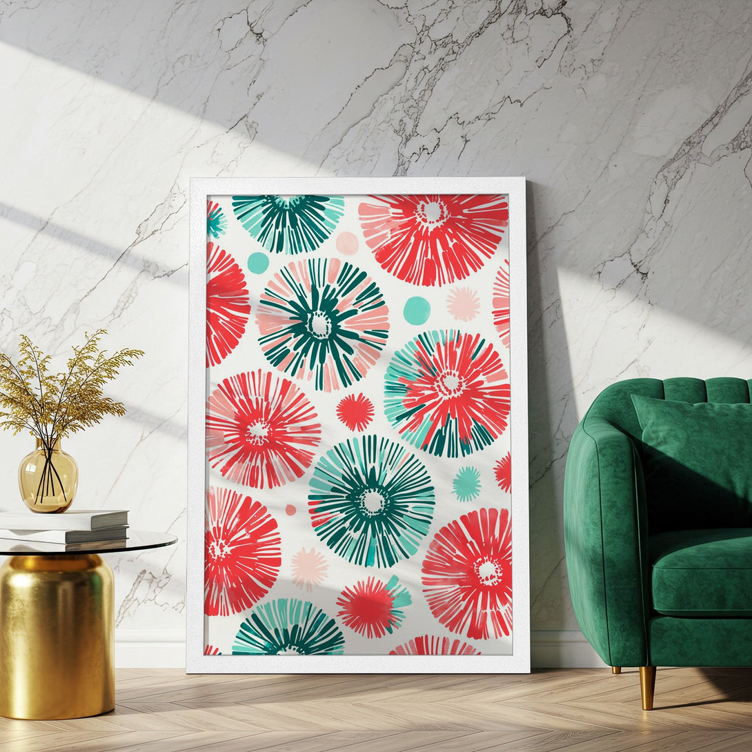 Framed Poster featuring a vibrant floral design in red, teal, and pink. Modern art print perfect for any space!