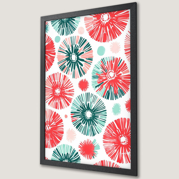Framed Poster featuring a floral pattern in red, teal, and pink on a white background. Modern art for home decor.