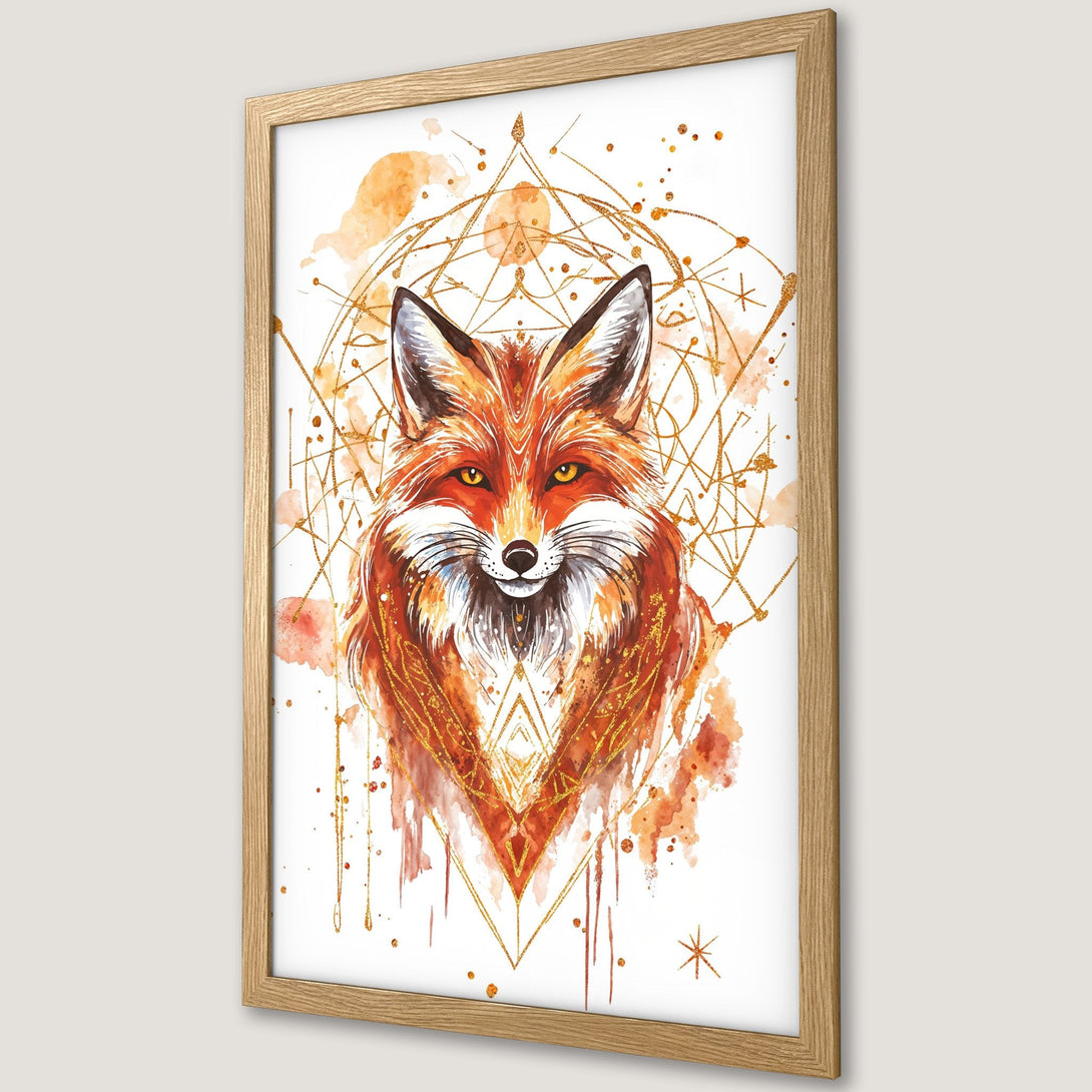 Framed Poster featuring a watercolor fox illustration in warm orange and gold tones, perfect for adding a touch of nature-inspired art to your space.