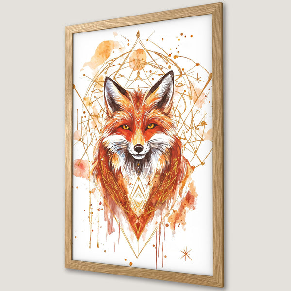 Framed Poster featuring a watercolor fox illustration in warm orange and gold tones, perfect for adding a touch of nature-inspired art to your space.