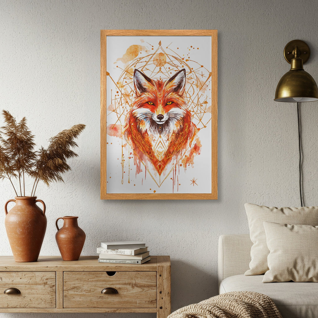 Framed Poster featuring a watercolor fox with geometric details. Warm orange and gold tones create a stylish, artistic home decor piece.