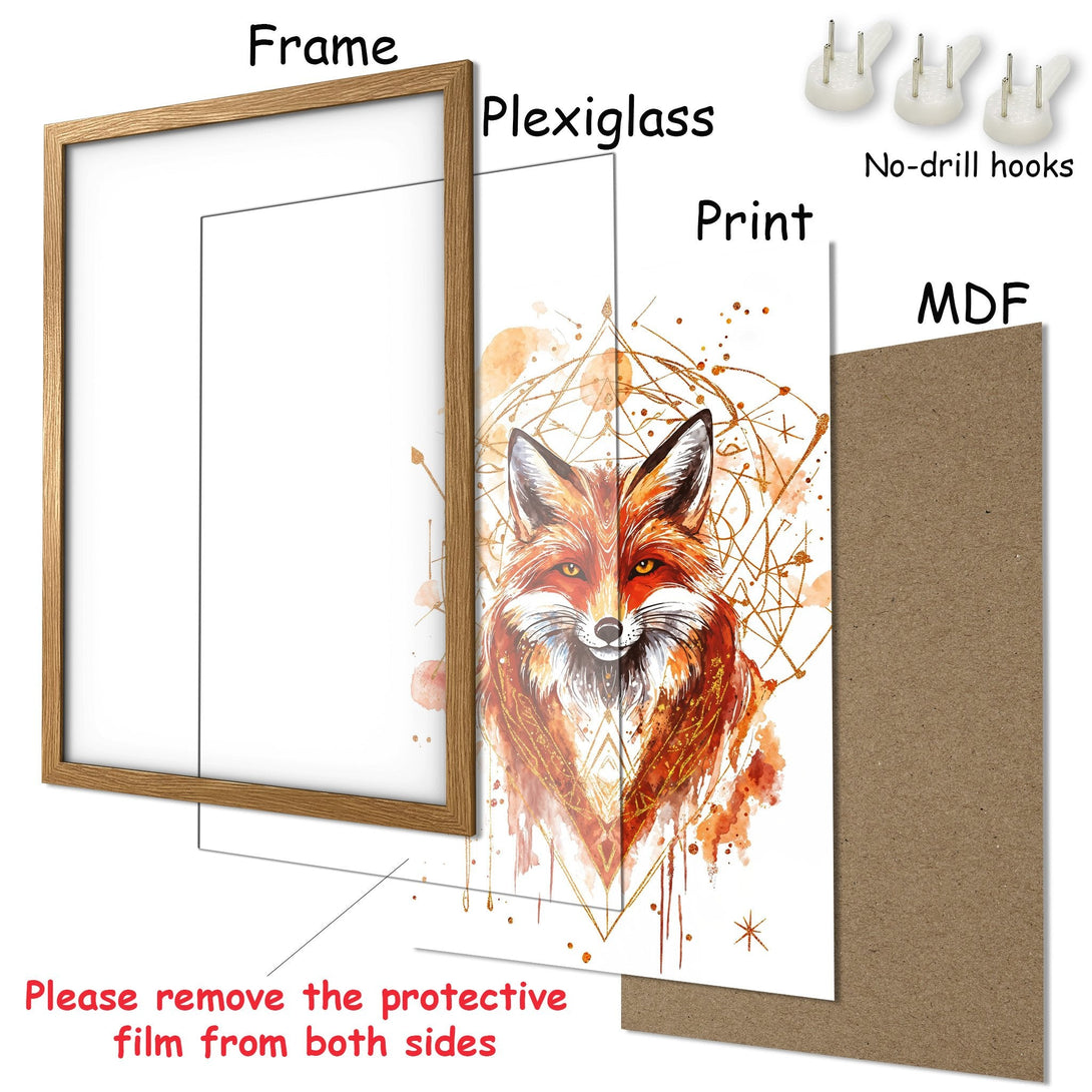 Framed Poster featuring a watercolor fox art print. Earthy tones of orange and gold create a stunning, modern aesthetic. Perfect wall art!