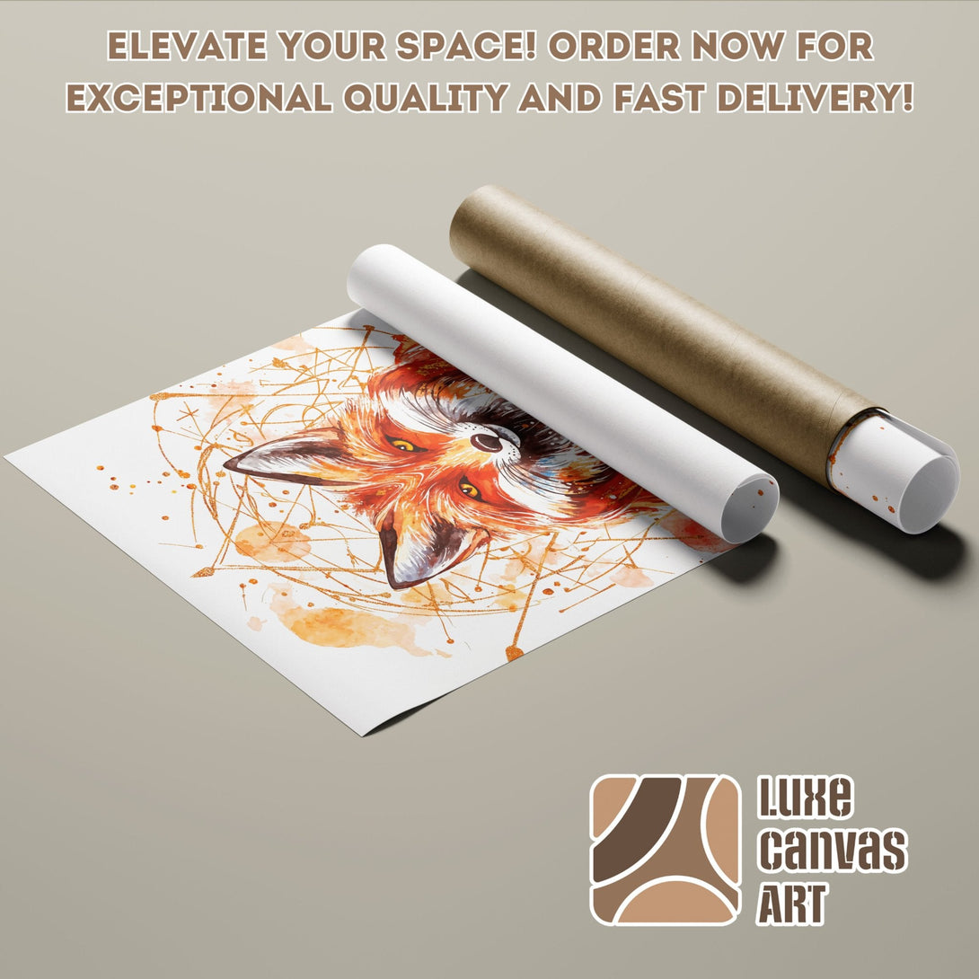 Poster Roll featuring a watercolor fox art print in warm orange and brown tones. Perfect wall decor!