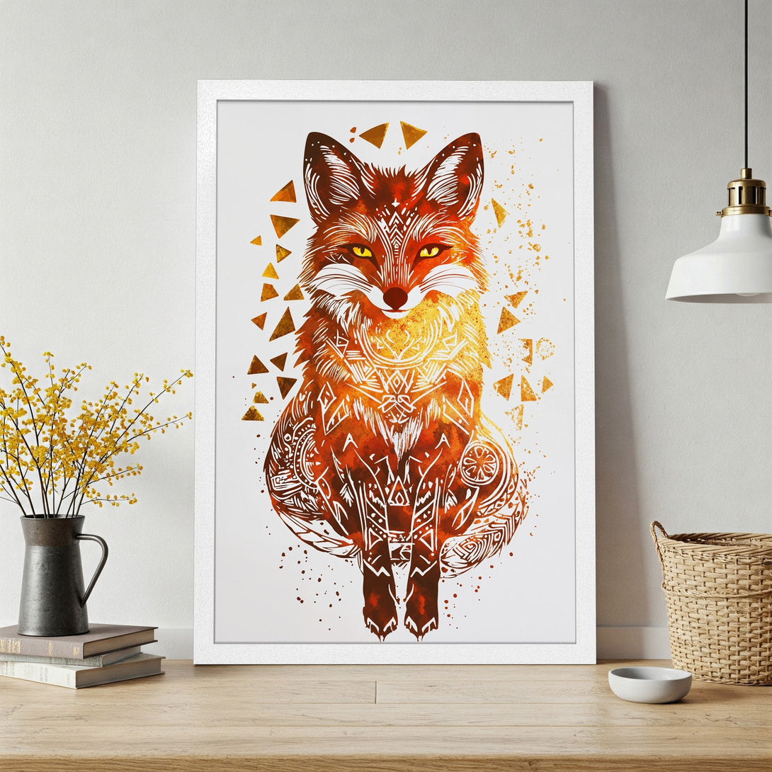 Framed Poster of a stylized fox in warm orange and gold tones, featuring intricate tribal designs. Perfect wall art!