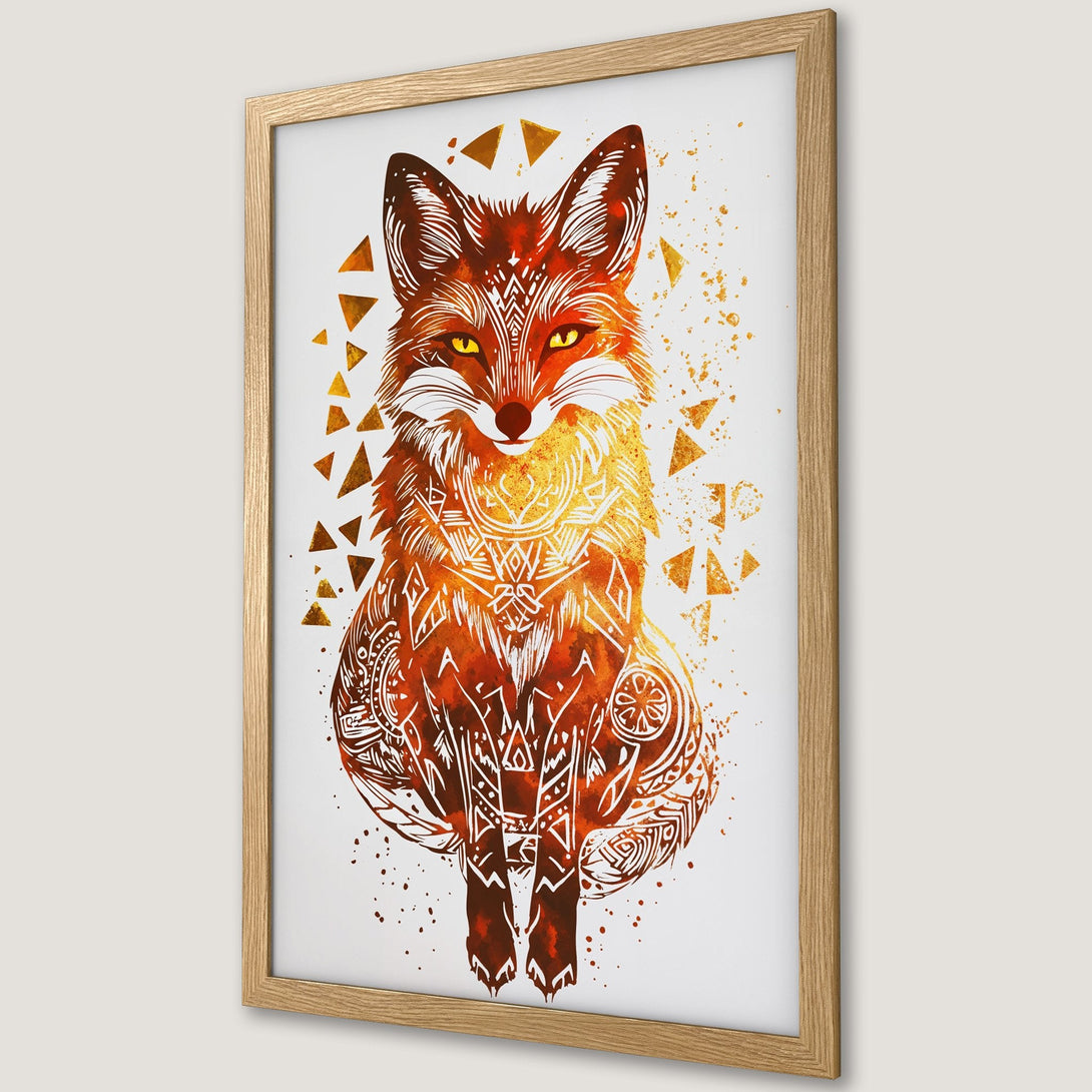 Framed Poster featuring a watercolor fox with tribal details. Warm orange and brown color palette, perfect for home decor.