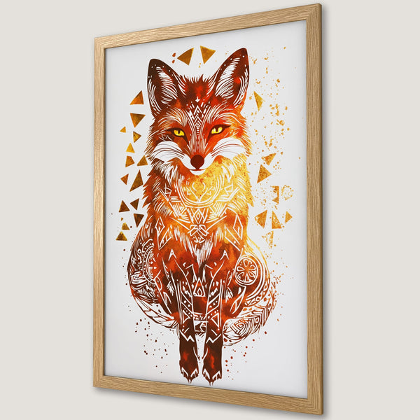 Framed Poster featuring a watercolor fox with tribal details. Warm orange and brown color palette, perfect for home decor.