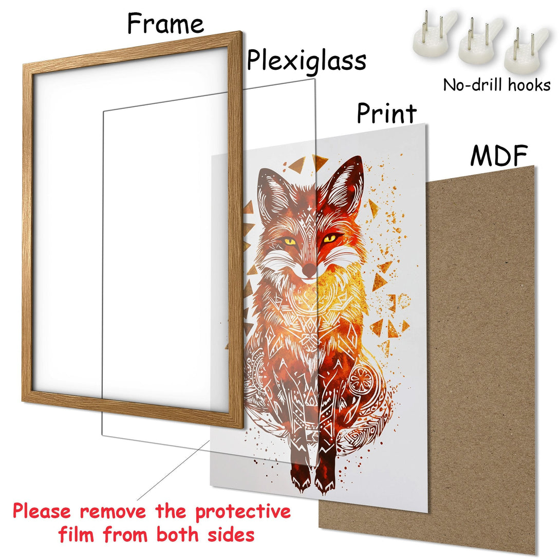 Framed Poster featuring a stylized fox in warm orange and brown tones. Perfect wall art for your home!