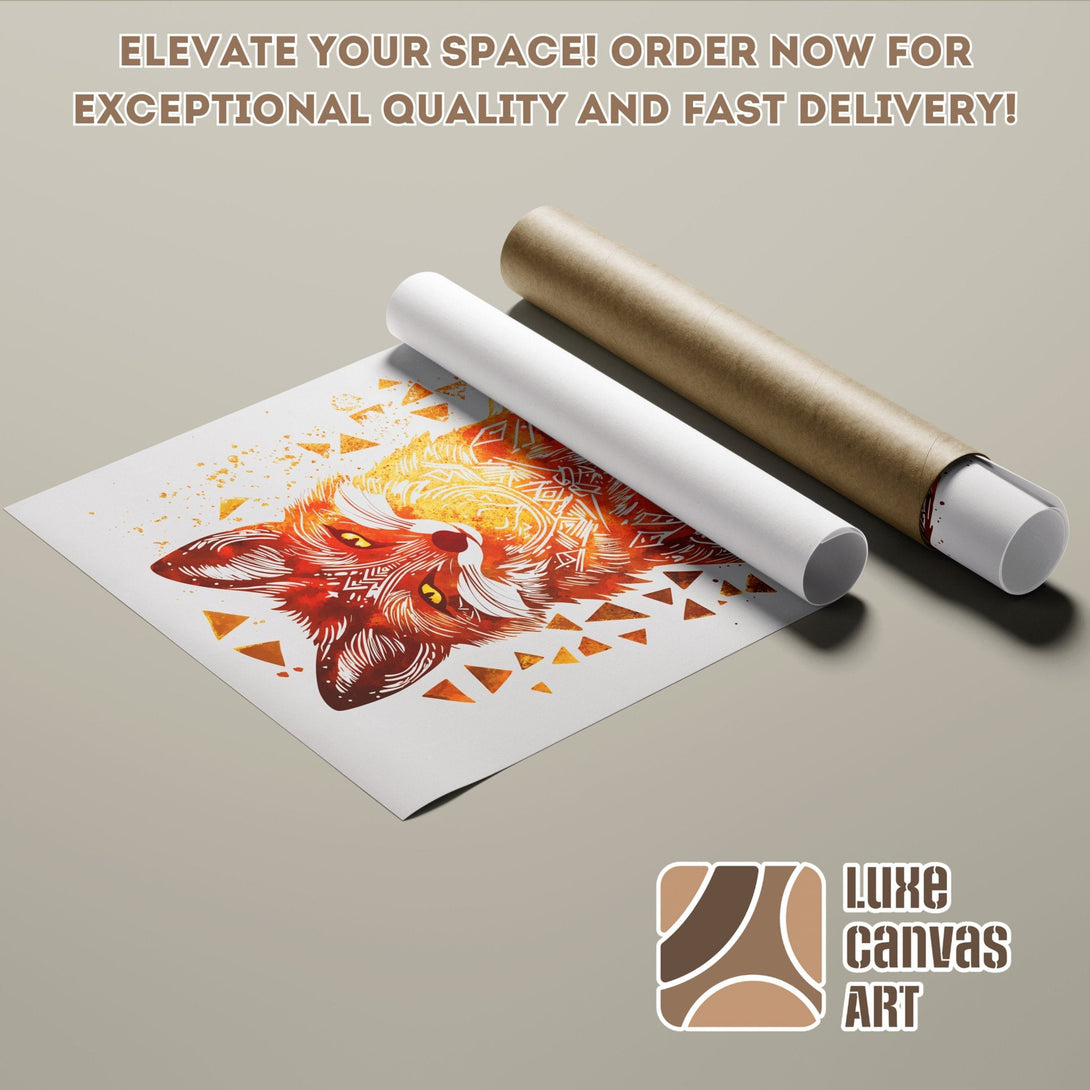 Poster Roll featuring a vibrant fox design, artistic style, warm orange and red color palette. Elevate your space!