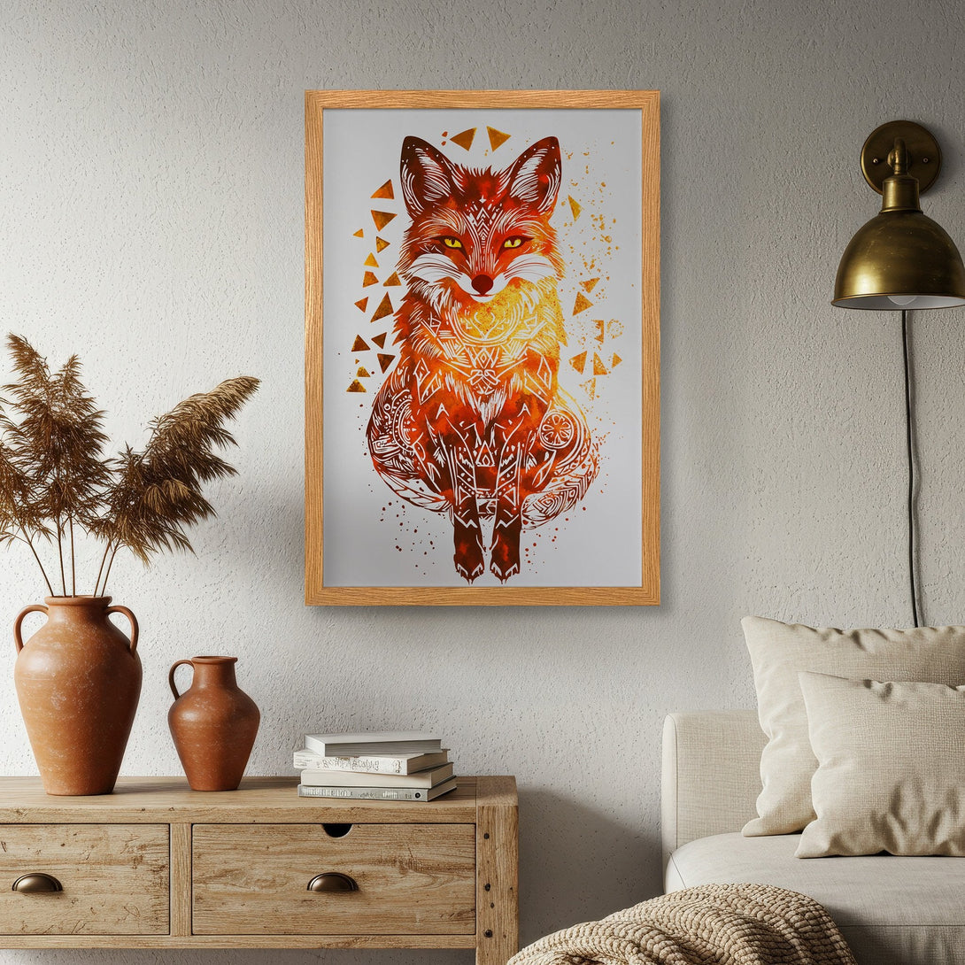 Framed Poster featuring a stylized fox in warm orange and red tones. Perfect for adding a touch of nature-inspired art to your home.