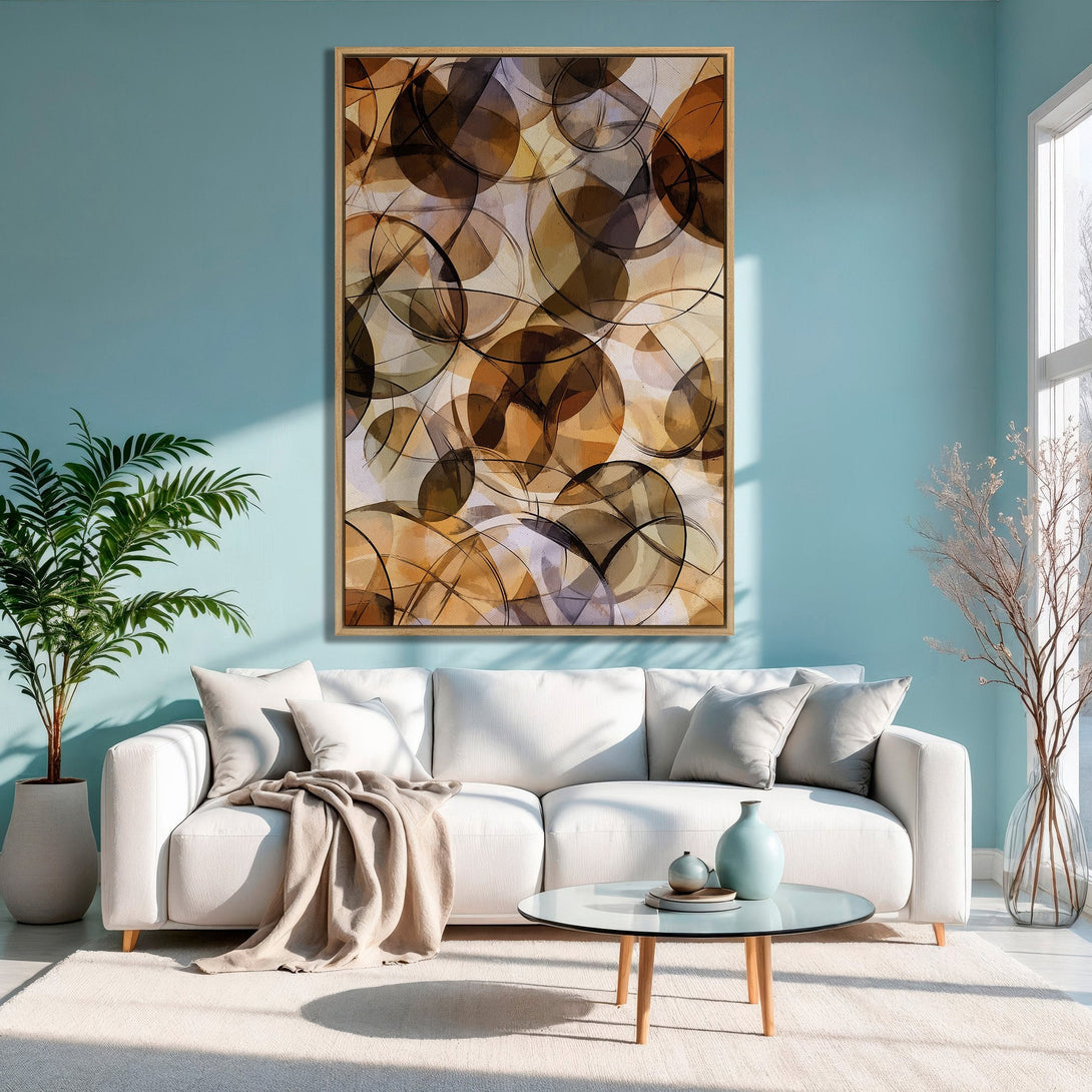 Framed Wall Art: Abstract circles canvas print in warm brown and neutral tones, perfect for modern living room decor.