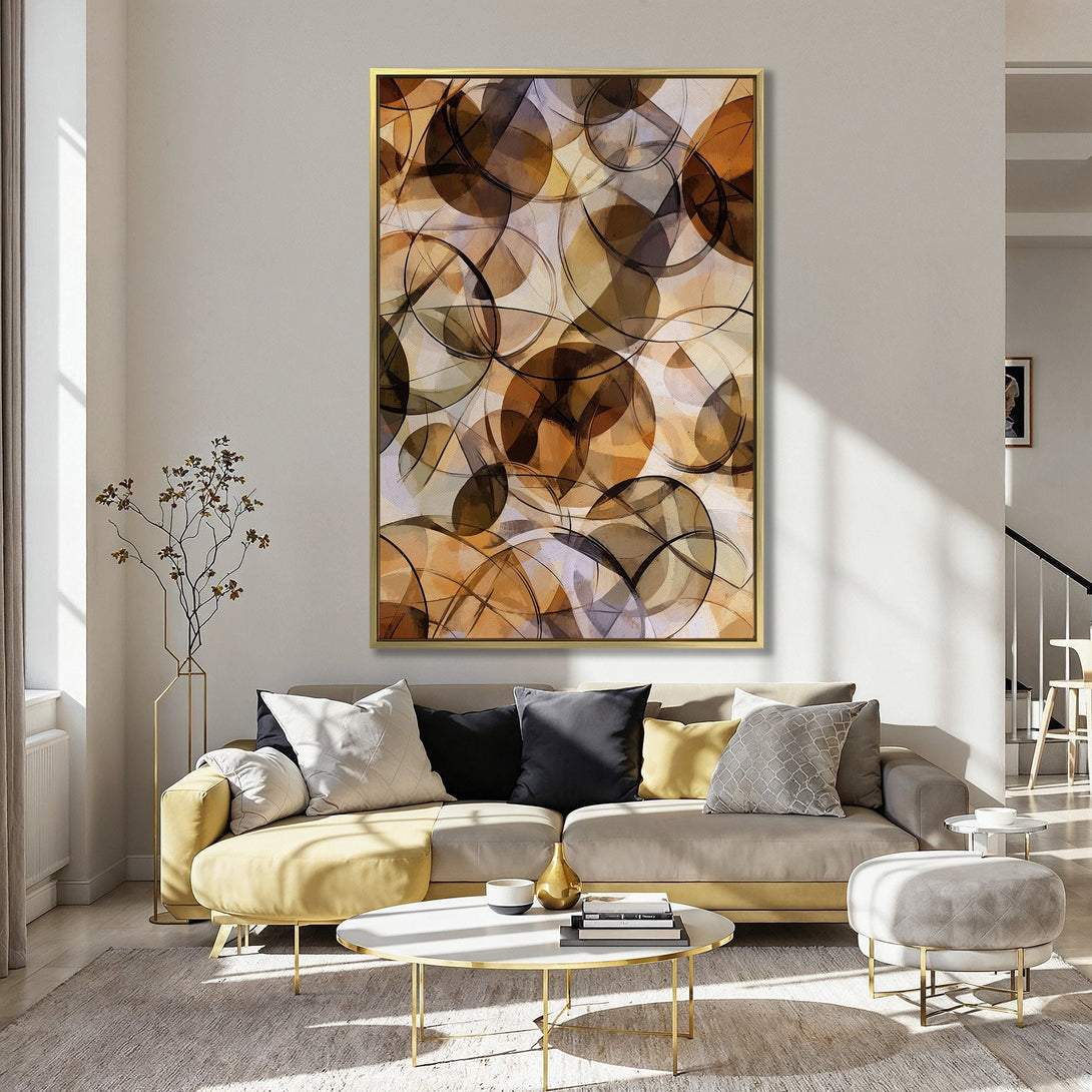 Abstract Canvas Print with overlapping circles in warm brown and orange tones. Modern art for home decor, perfect for any room.