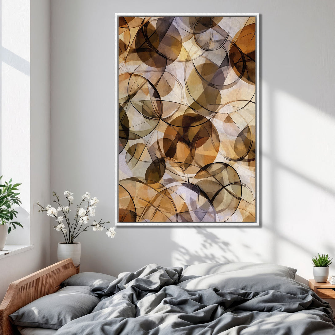 Framed Wall Art: Abstract art Canvas Print with brown and gold circles. Modern art for bedroom decor. Neutral color palette.