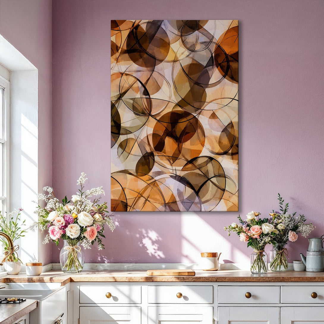 Framed Wall Art: Abstract circles in warm brown and gold tones. Modern art canvas print for living room decor.