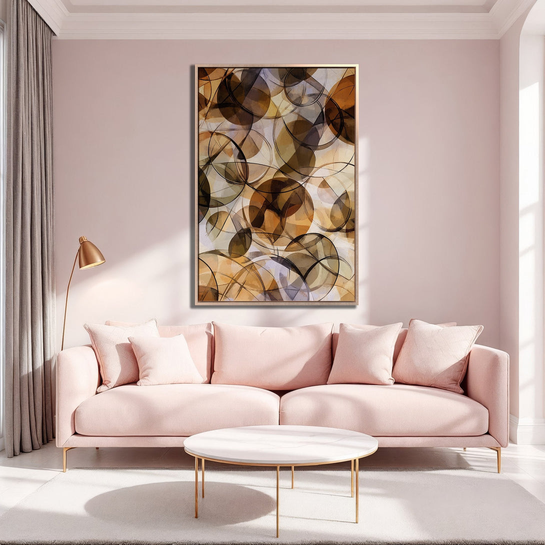 Framed Wall Art: Abstract art print in warm brown and beige tones. Modern style Canvas Print adds a touch of elegance to a pink living room.
