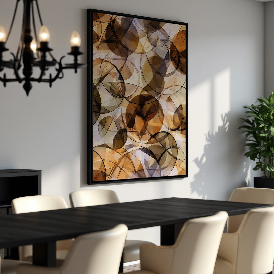 Framed Wall Art featuring abstract circles in warm brown and beige tones. Modern canvas print perfect for dining room decor.