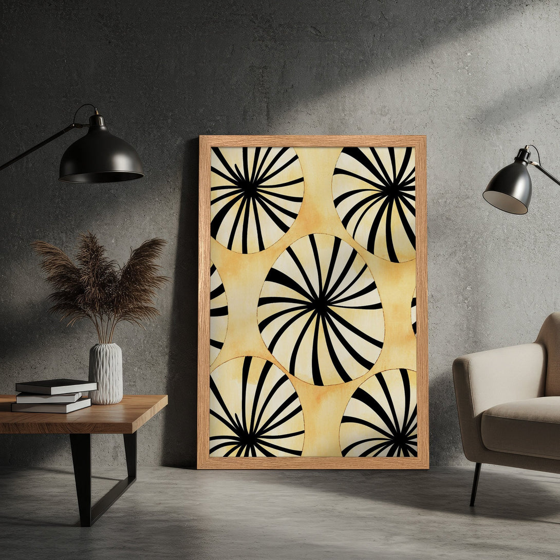 Framed Poster featuring an abstract black and white design on a yellow background. Modern art style with a neutral color palette.