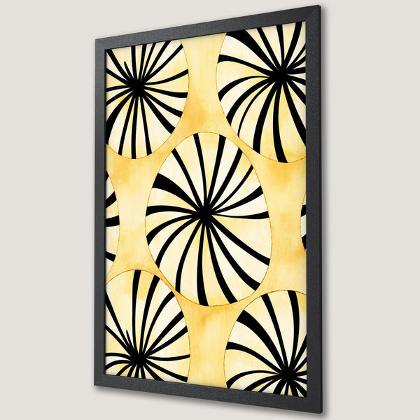 Framed Poster featuring abstract black and white circular design on a yellow background. Modern art print for home decor.