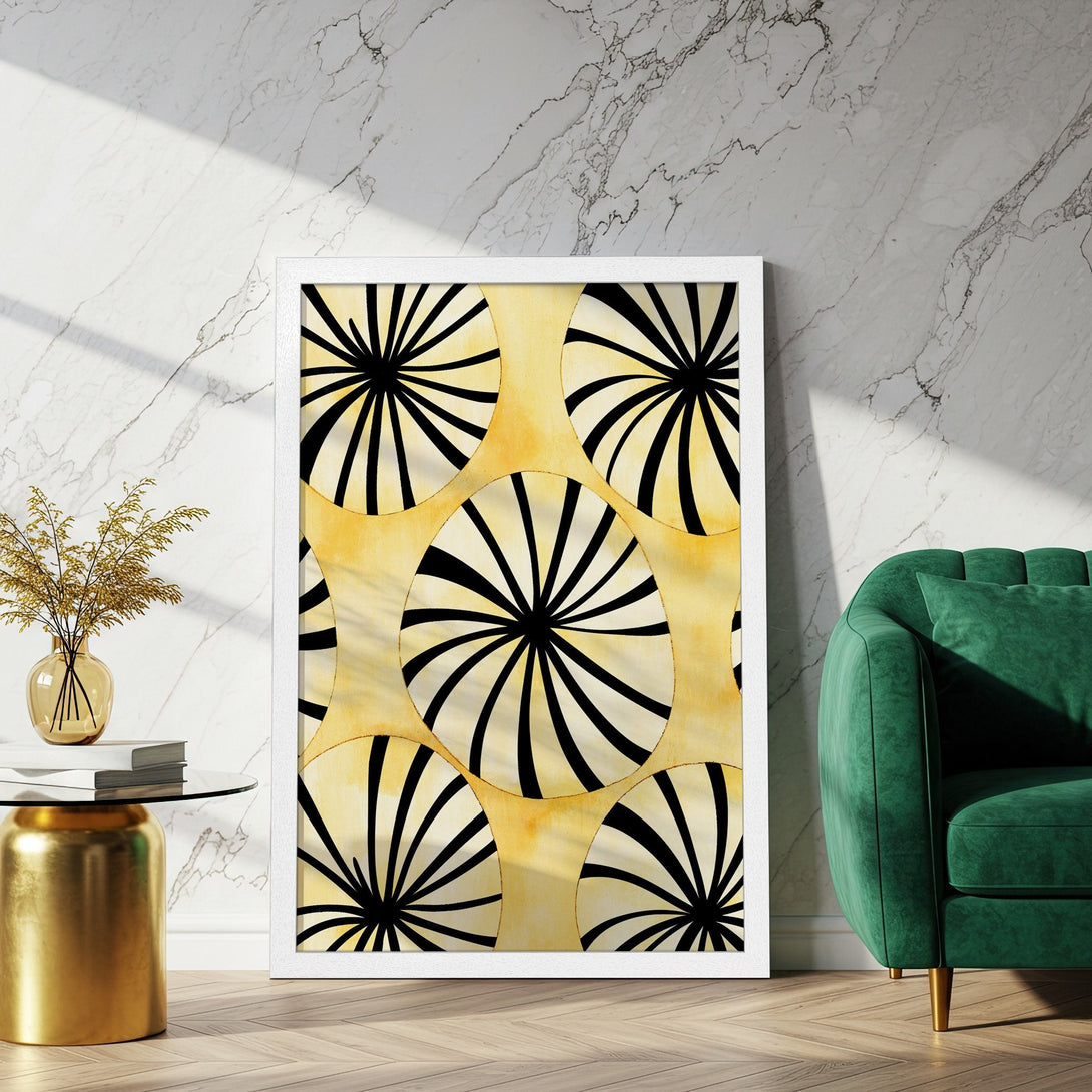 Framed Poster with abstract black & white design on a yellow background. Modern art style, perfect for home decor.