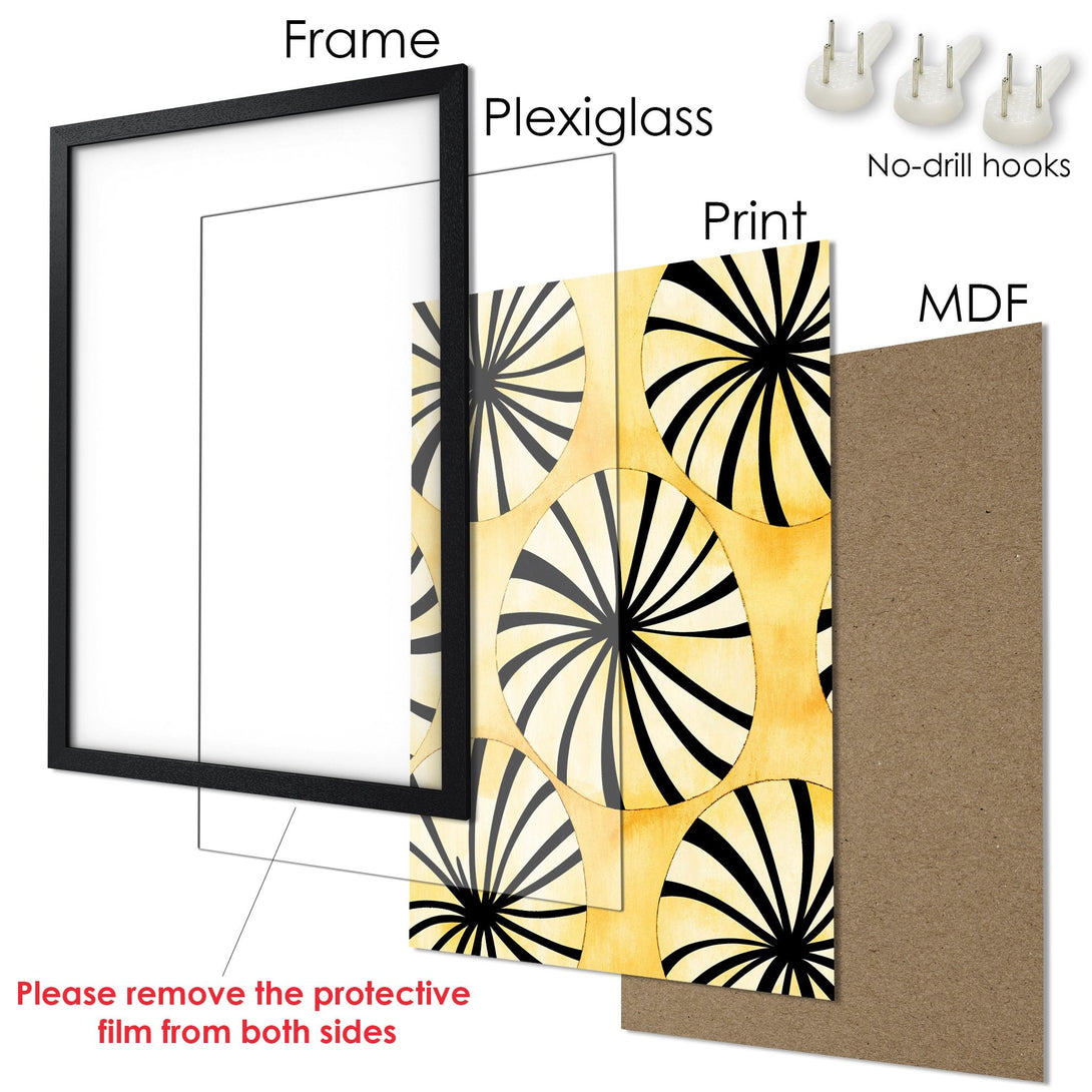Framed Poster with abstract black & yellow design. Modern art print for home decor. Ready to hang!