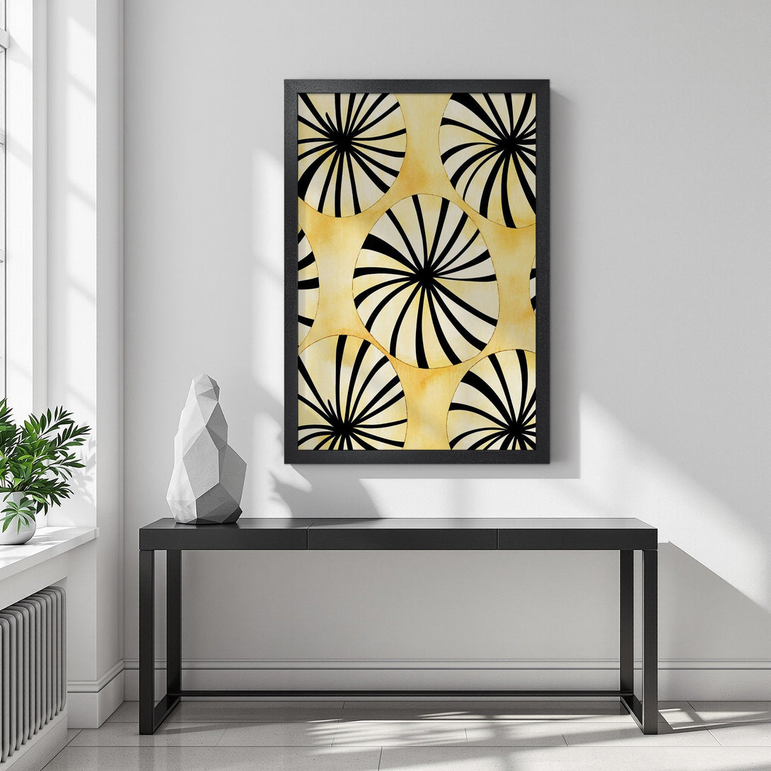 Framed Poster featuring abstract black and white fan shapes on a yellow background. Modern art print for home decor.